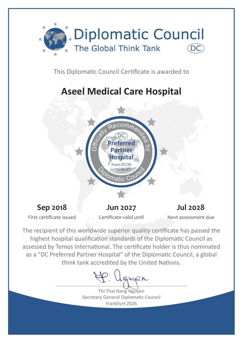 Diplomatic Council certificate for Aseel Medical Care Hospital