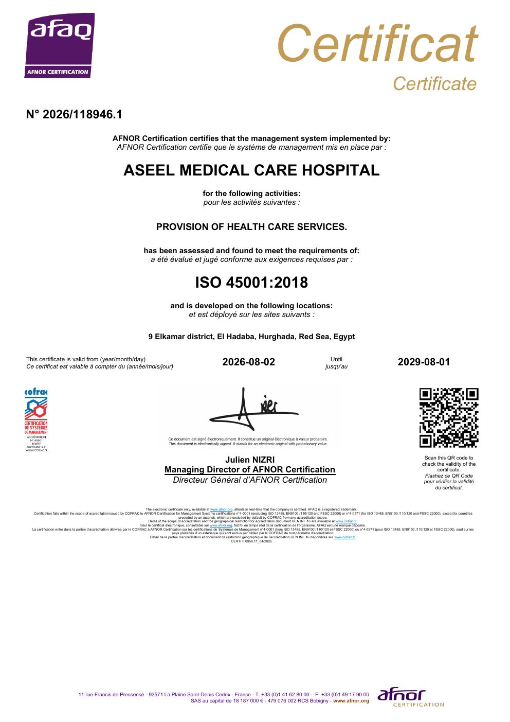 ISO 45001:2018 certificate for Provision of Health Care Services